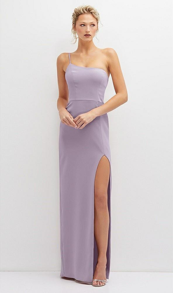 sleek one-shoulder crepe column dress with cut-away slit