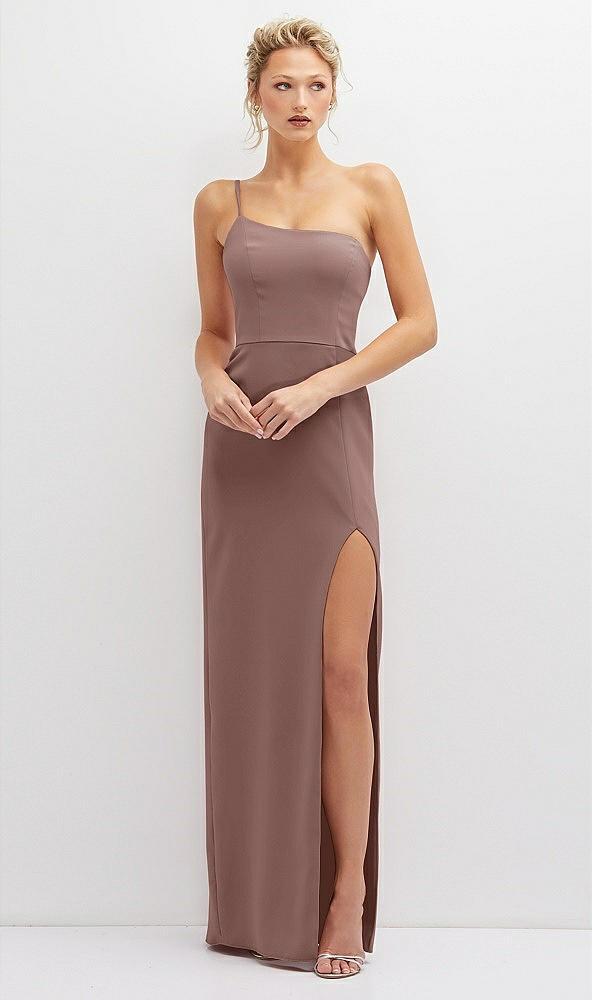 sleek one-shoulder crepe column dress with cut-away slit