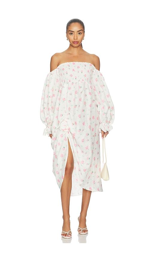 sleeper atlanta linen dress with rose detail in cream.