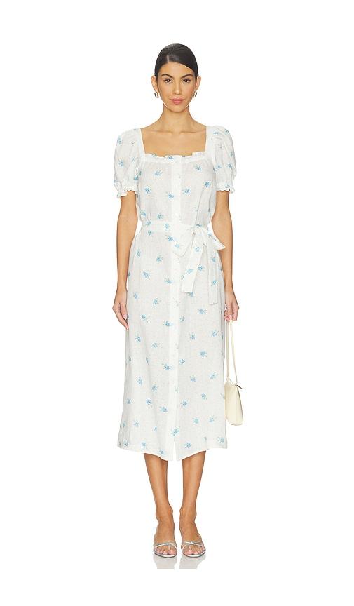 sleeper brigitte linen midi dress in white,blue.