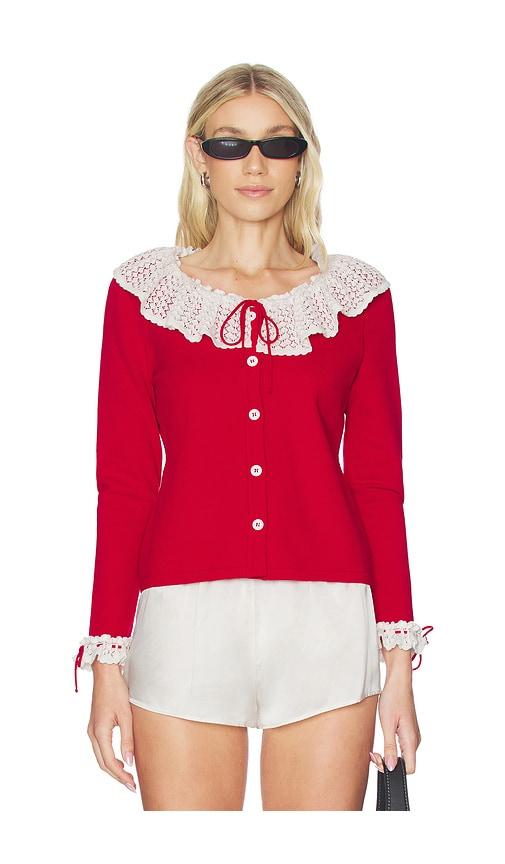 sleeper malena knitted cardigan with lace collar in red.