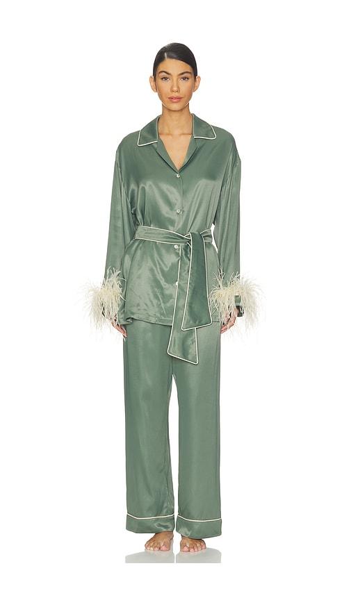sleeper miss cat belted set with detachable feathers in sage.