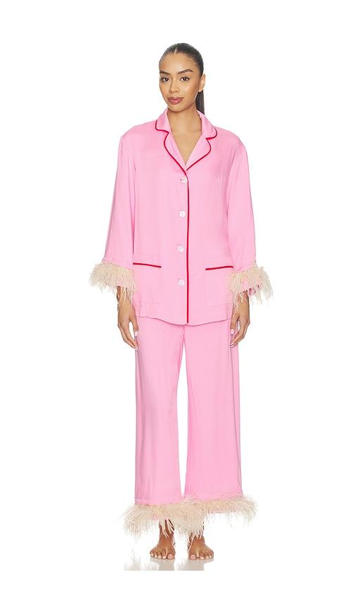 sleeper party pajama set with detachable feathers in pink.
