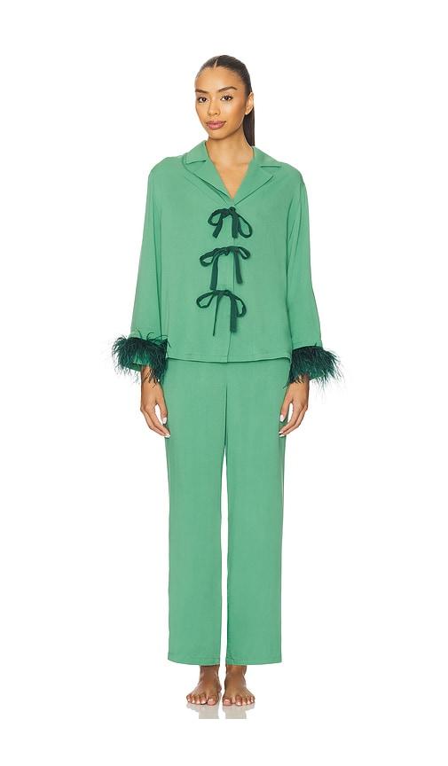 sleeper the bow pajama set with detachable feathers in green.