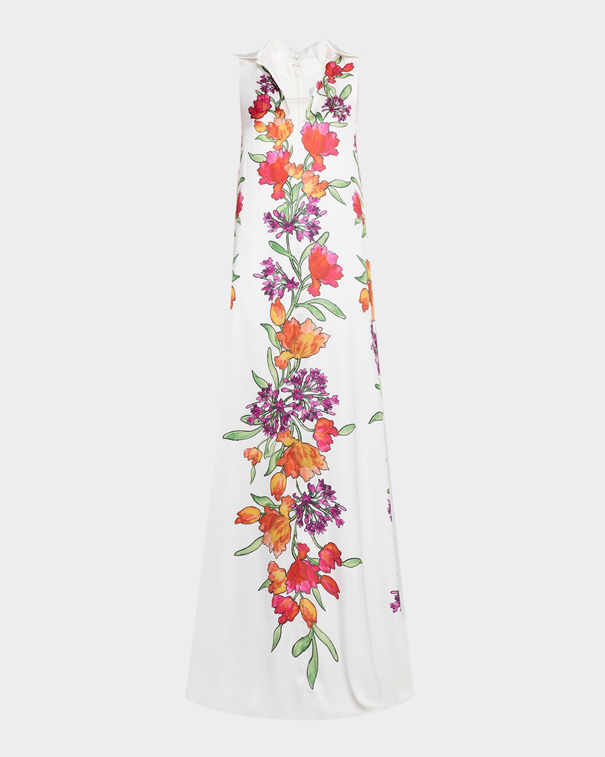 sleeveless beaded floral-print gown