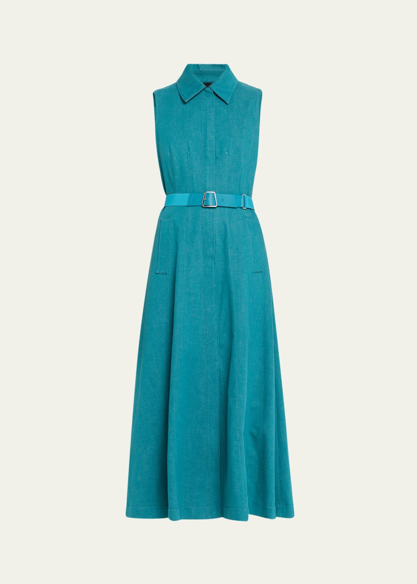 sleeveless belted denim midi shirtdress