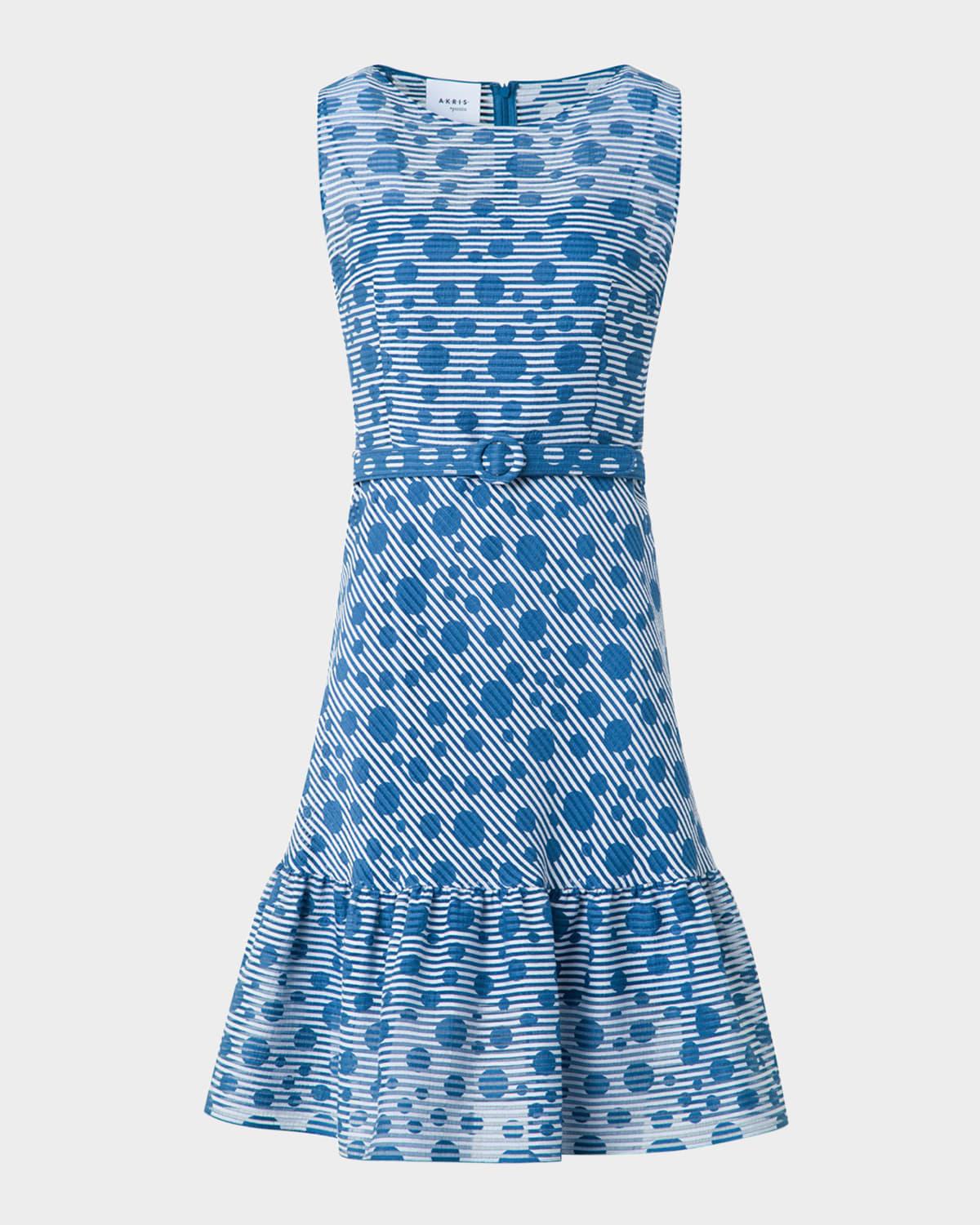 sleeveless belted dot-seersucker dress