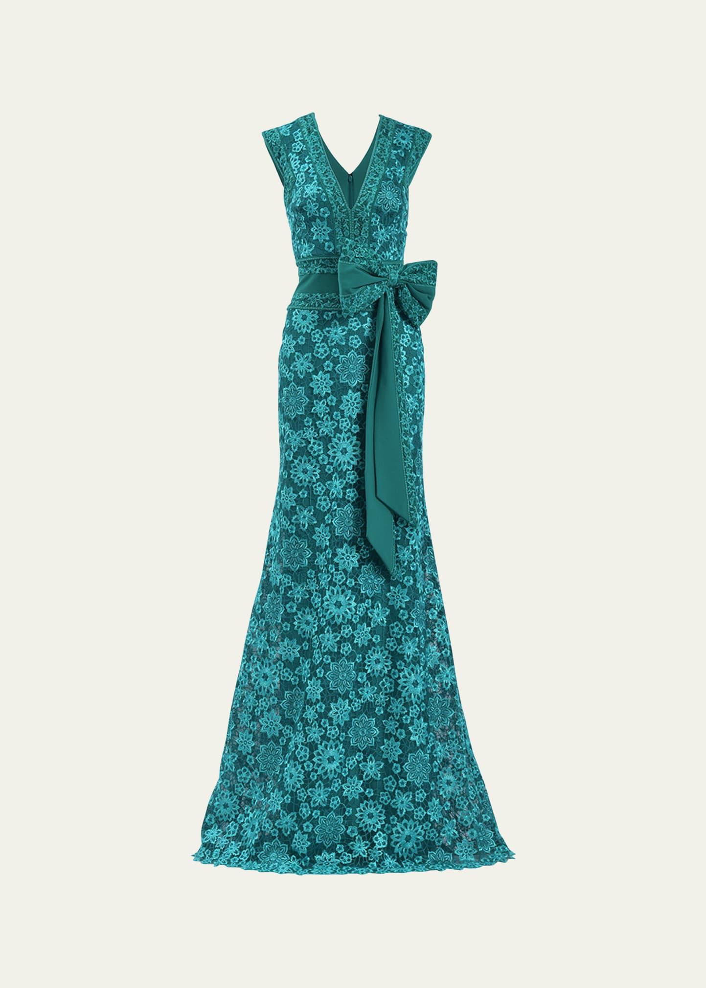 sleeveless bow-front floral lace gown