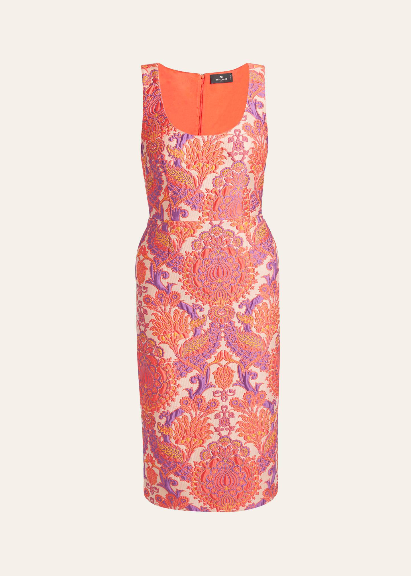 sleeveless brocade sheath dress