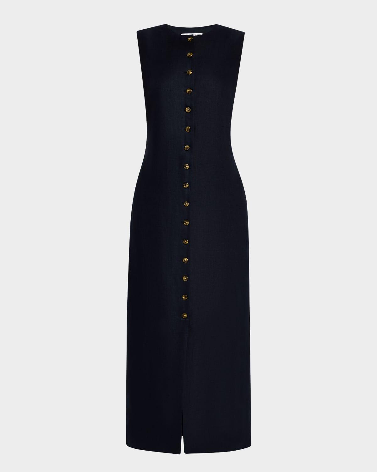 sleeveless button-down linen midi dress