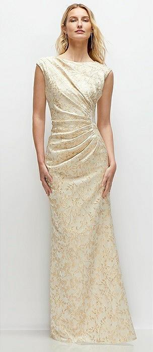 sleeveless cap shoulder champagne filigree brocade maxi dress with trumpet skirt
