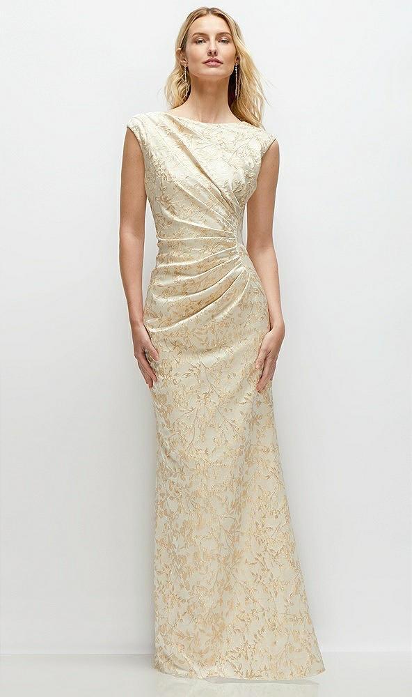 sleeveless cap shoulder champagne filigree brocade maxi dress with trumpet skirt