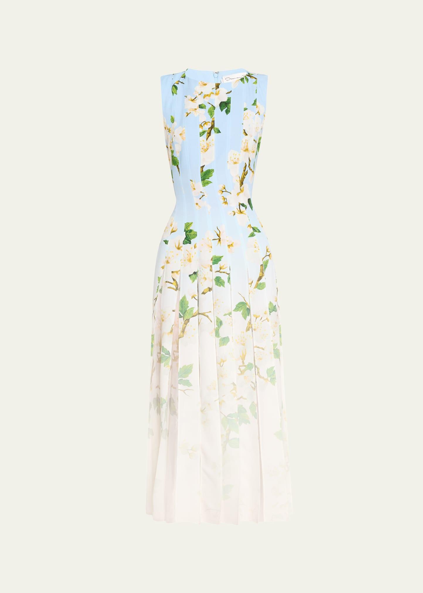 sleeveless cherry blossom pleated cady midi dress