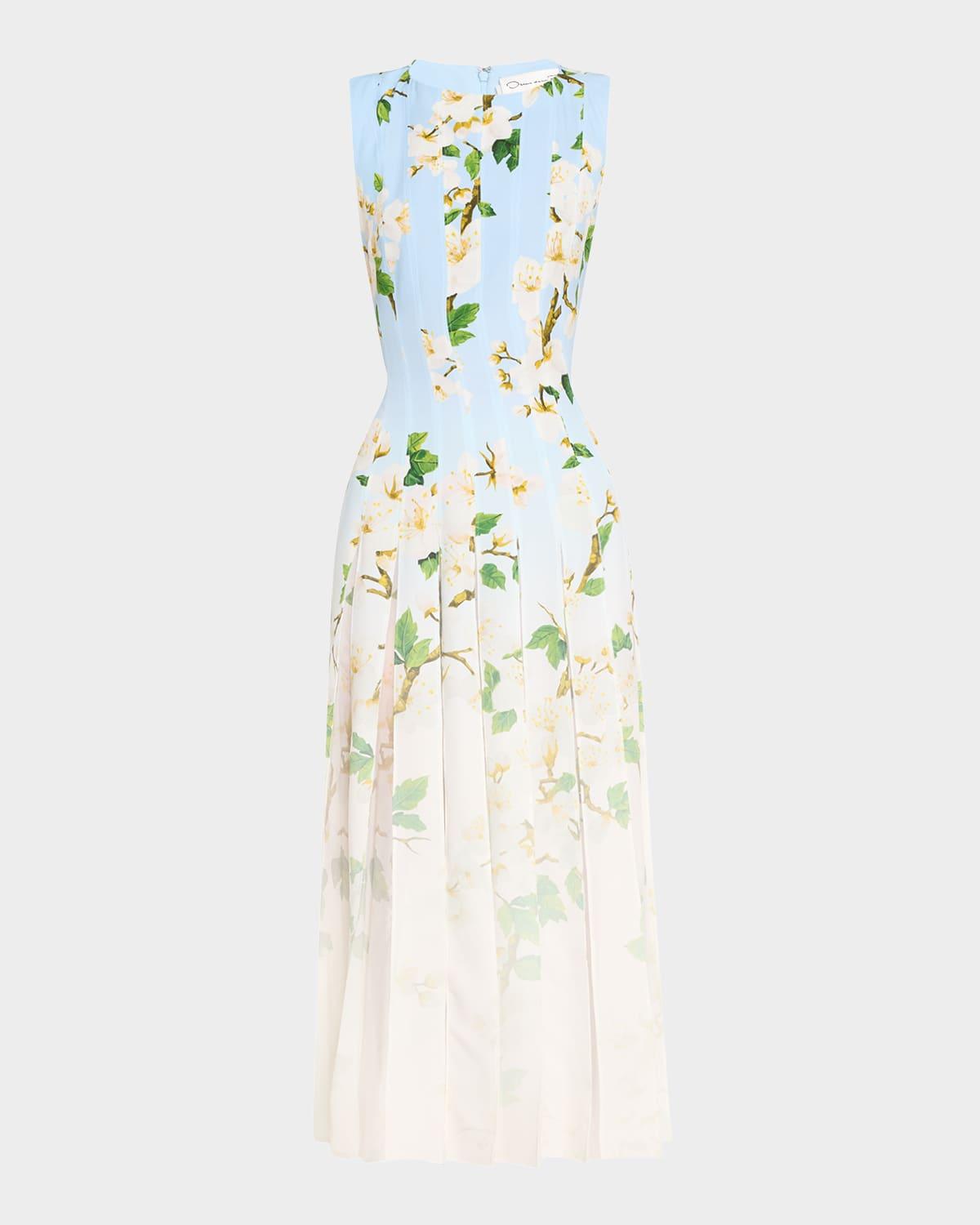 sleeveless cherry blossom pleated cady midi dress