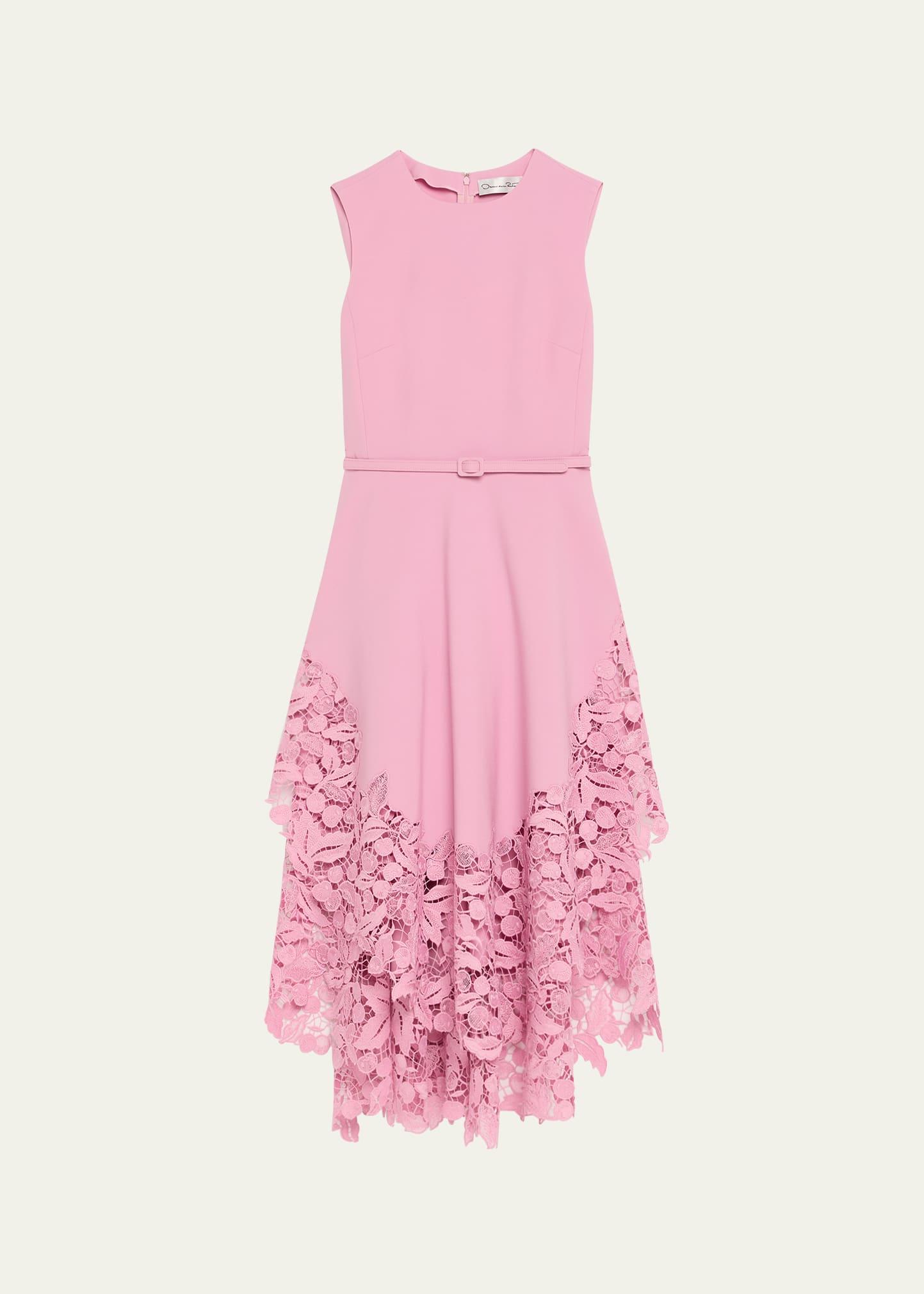 sleeveless cherry guipure embroidered high-low dress with belt