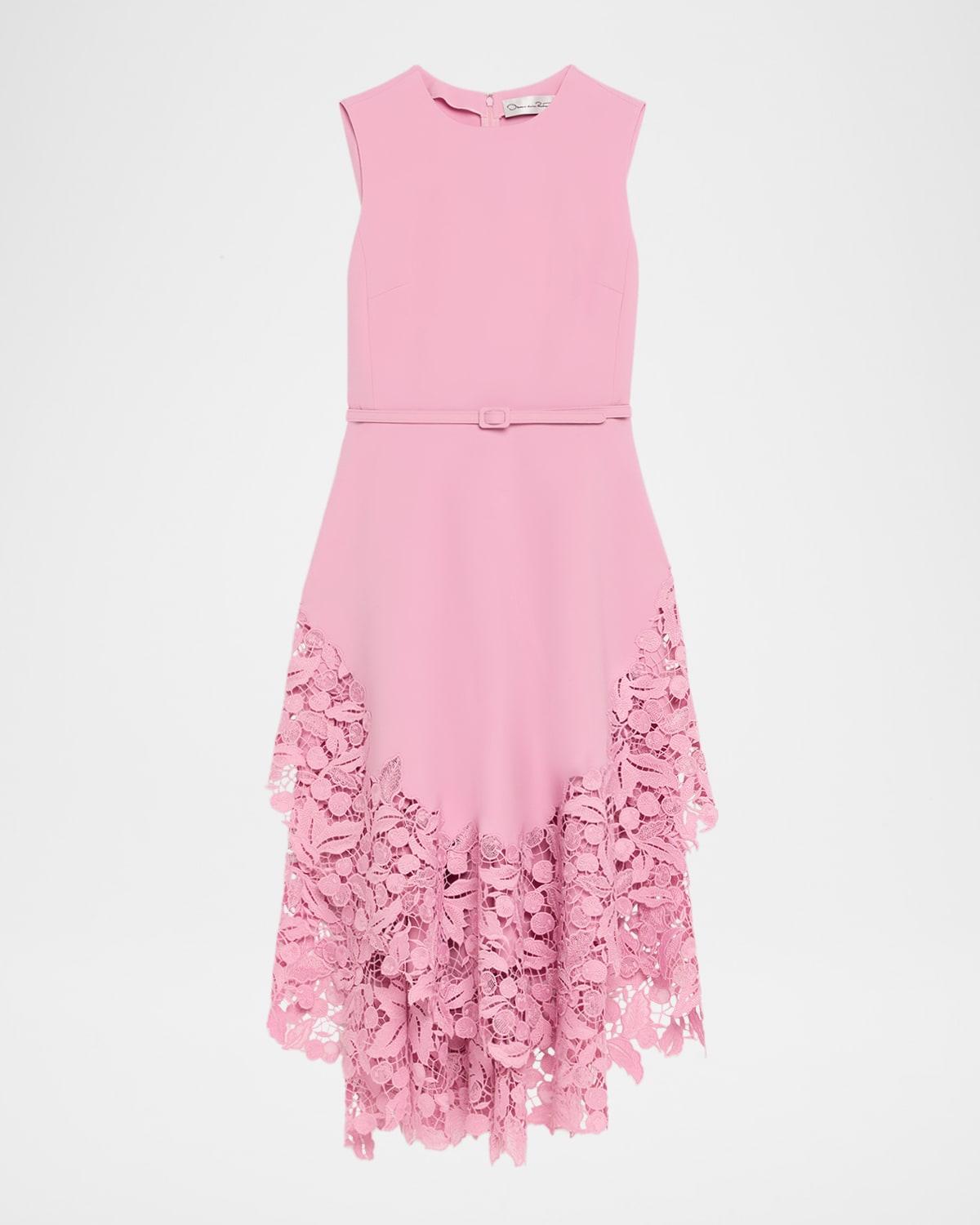 sleeveless cherry guipure embroidered high-low dress with belt