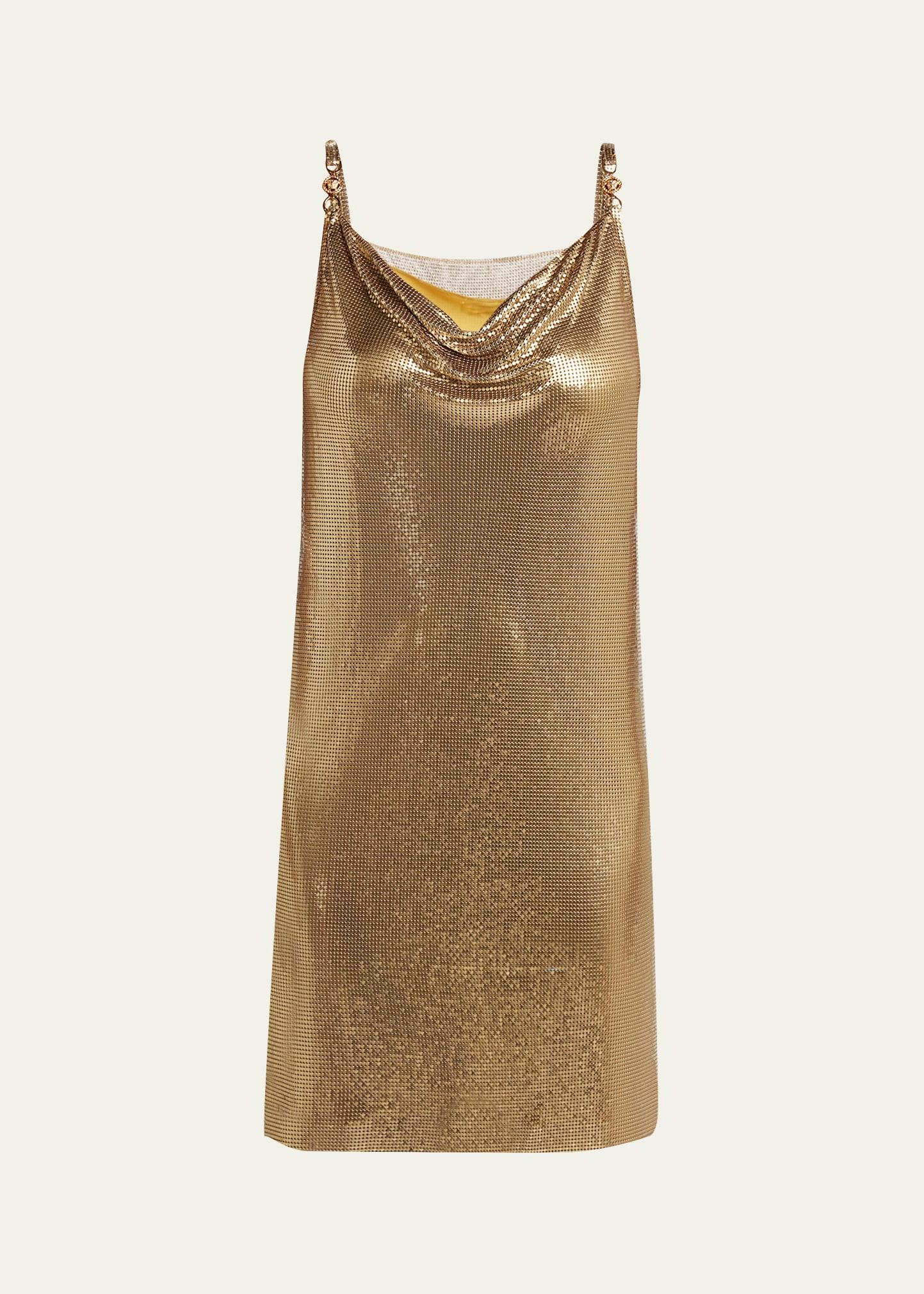 sleeveless cowl-neck metal mesh mini dress