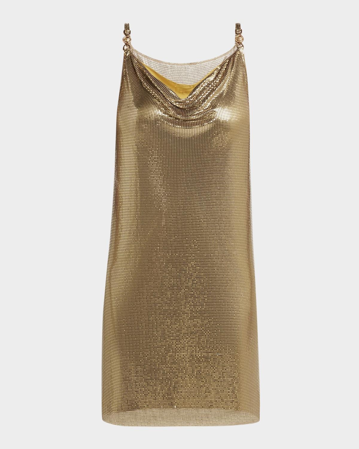 sleeveless cowl-neck metal mesh mini dress