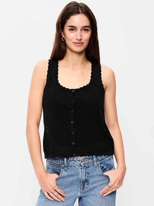 sleeveless crochet button-front tank top