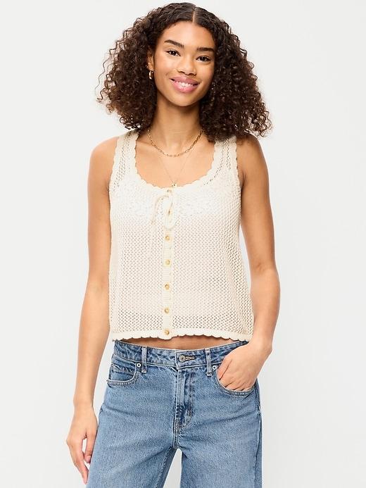 sleeveless crochet button-front tank top