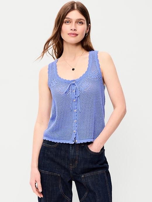 sleeveless crochet button-front tank top