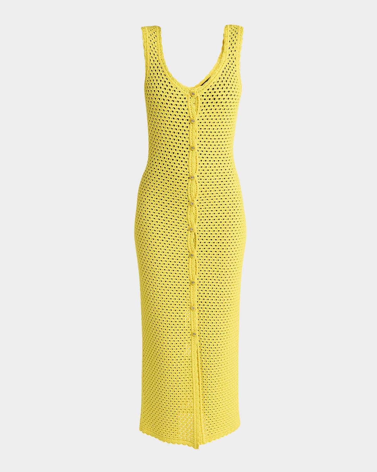 sleeveless crochet knit button-front midi dress