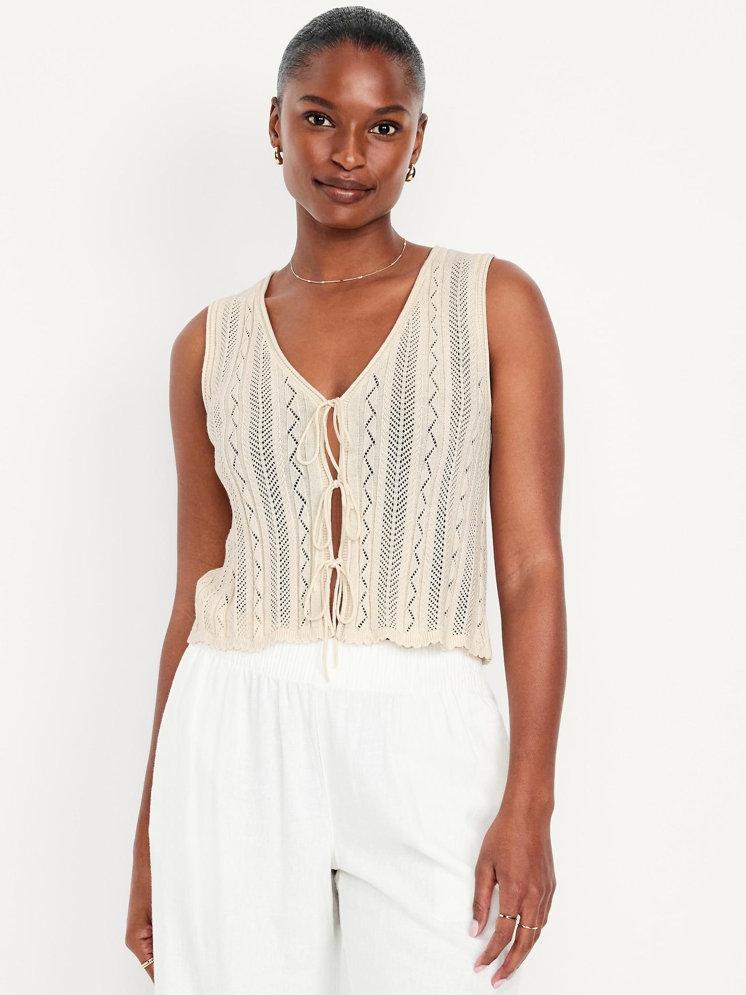 sleeveless crochet tie-front top