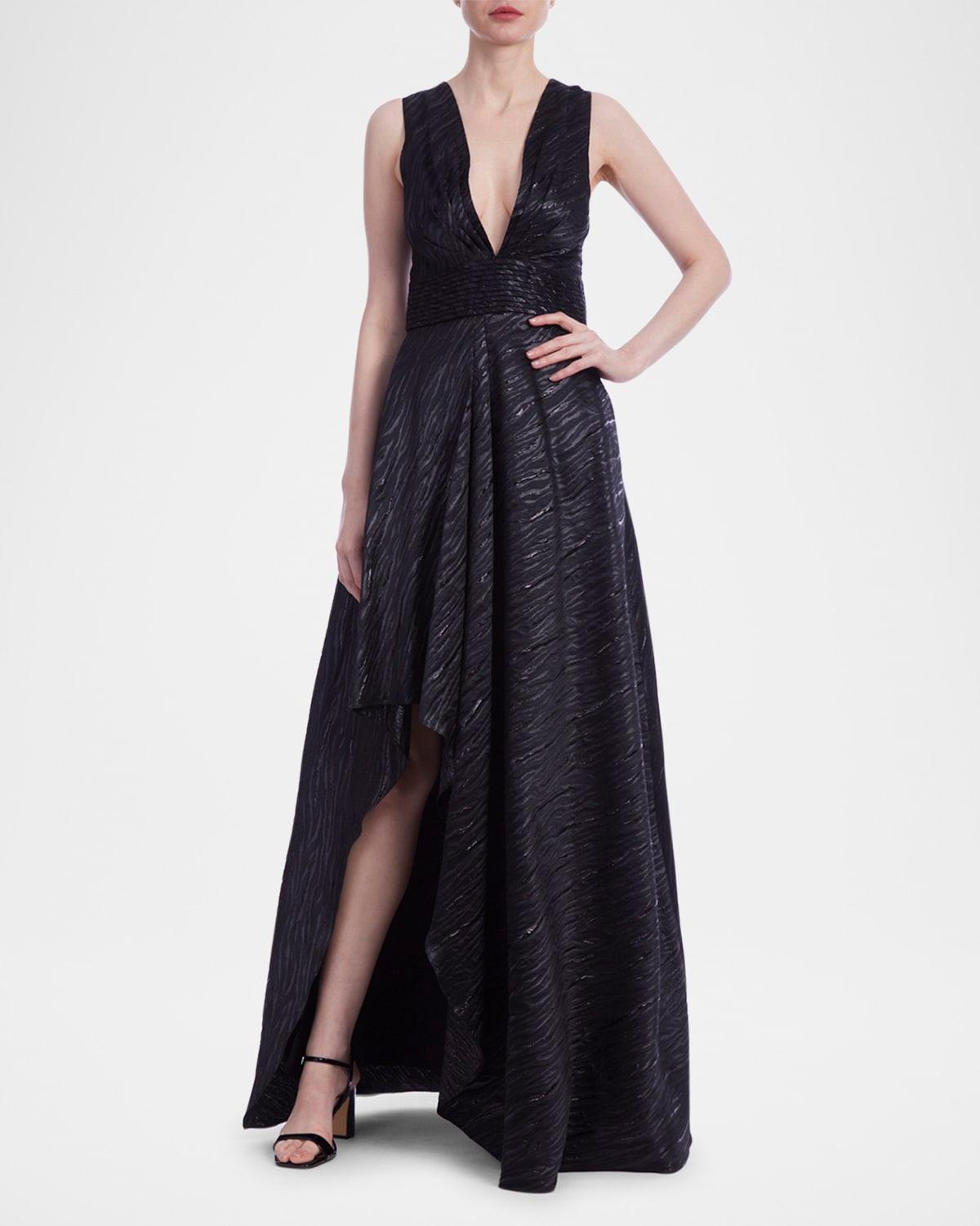 sleeveless deep v-neck metallic gown