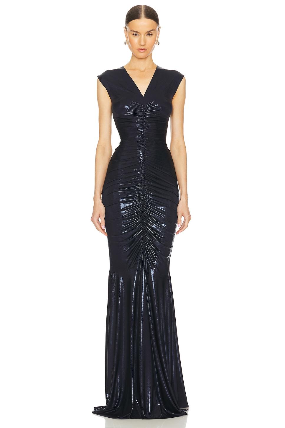 sleeveless deep v neck shirred front fishtail gown