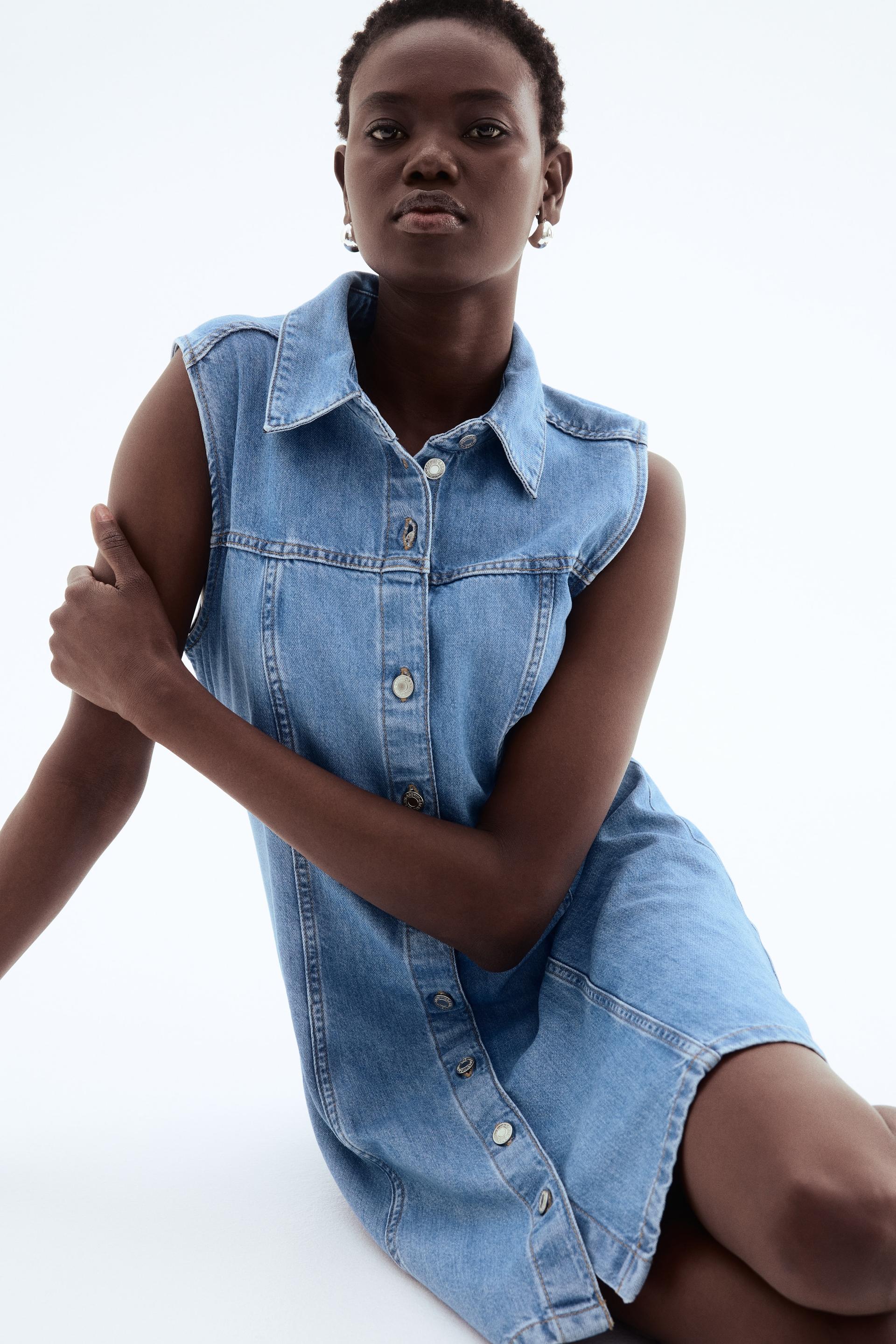 sleeveless denim shirt dress