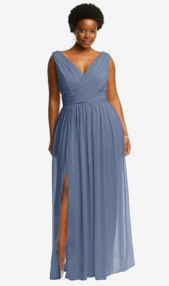 sleeveless draped chiffon maxi dress with front slit