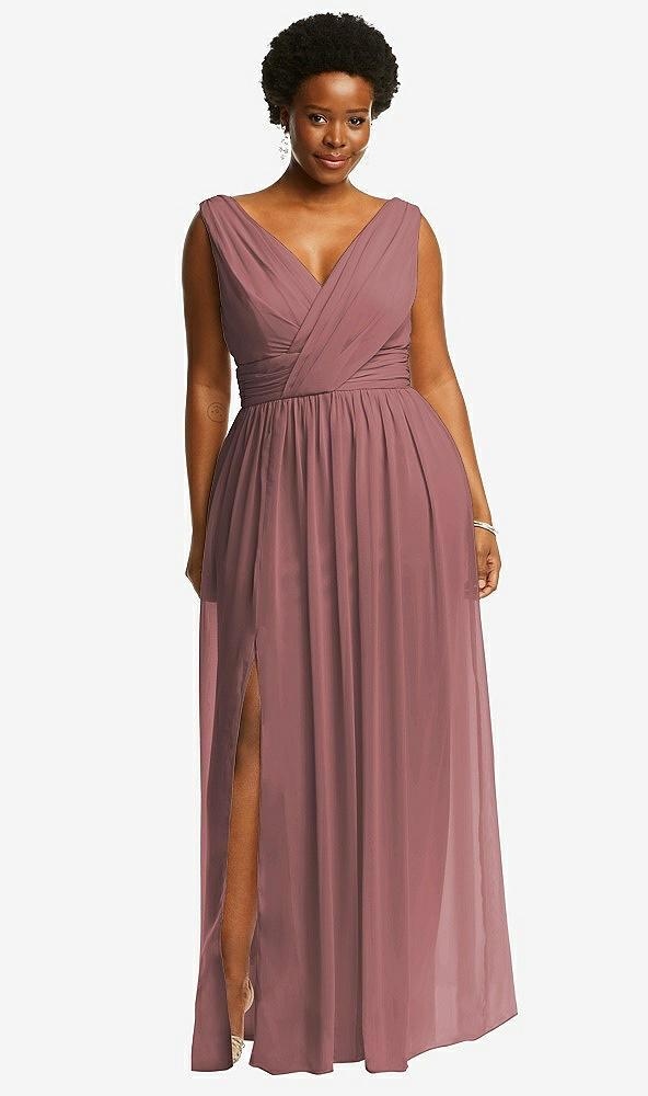 sleeveless draped chiffon maxi dress with front slit