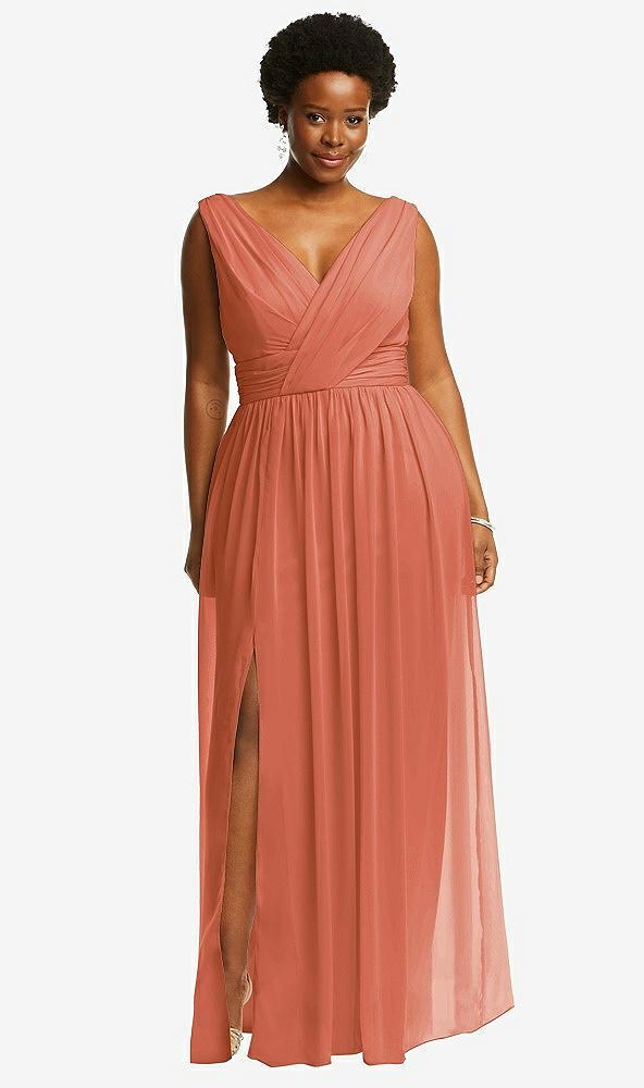 sleeveless draped chiffon maxi dress with front slit