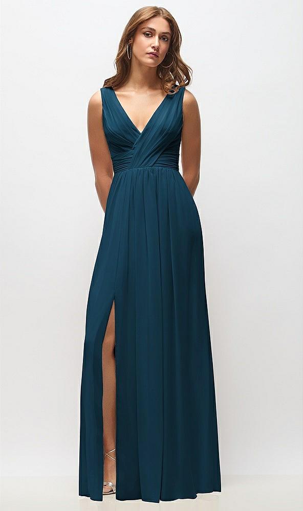 sleeveless draped chiffon maxi dress with front slit