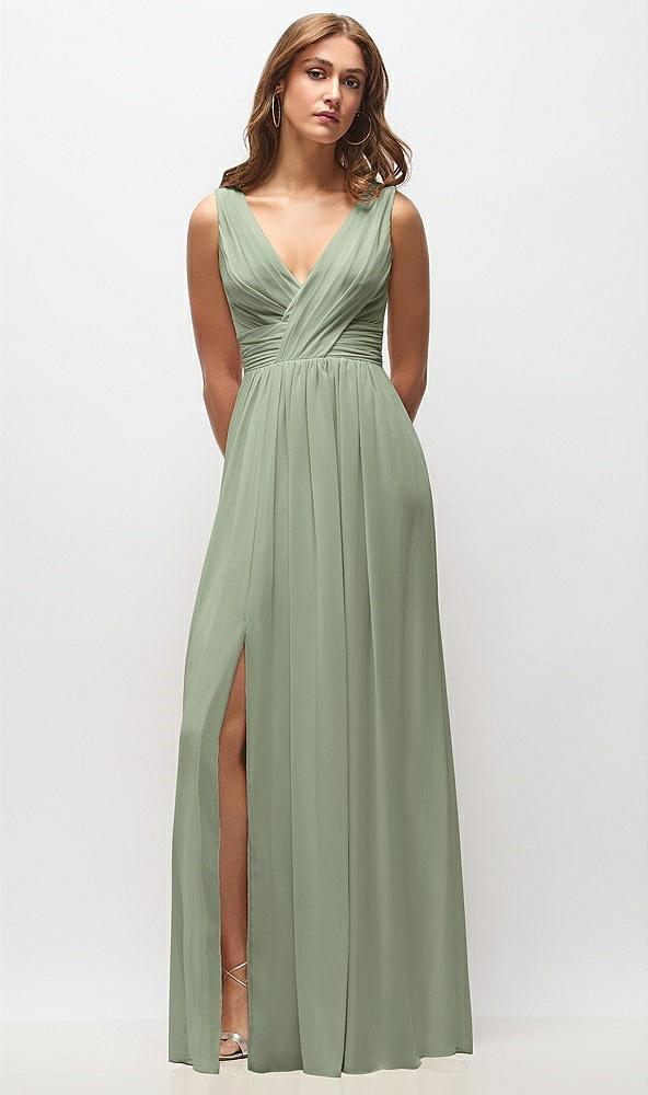 sleeveless draped chiffon maxi dress with front slit