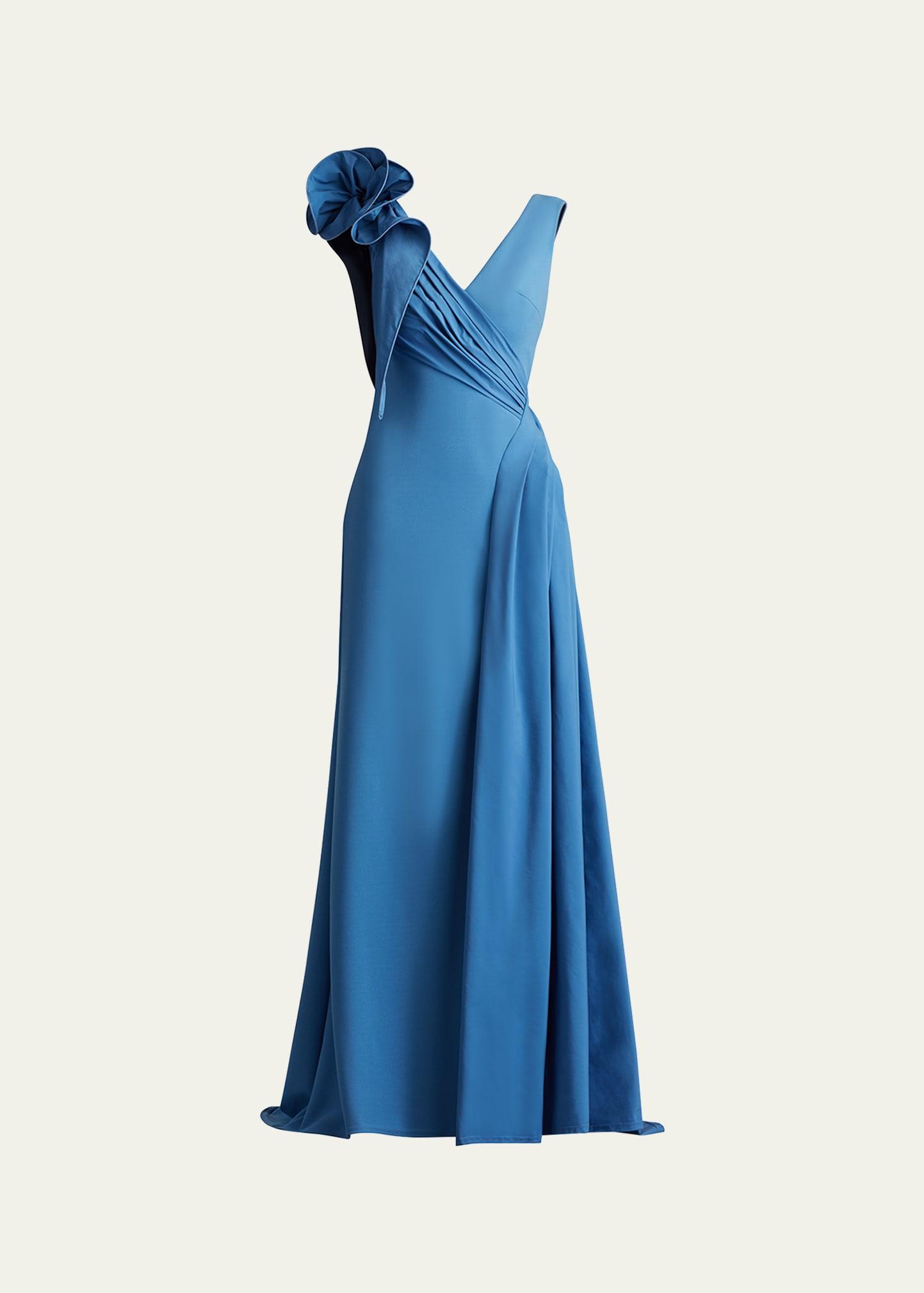 sleeveless draped ruffle crepe gown