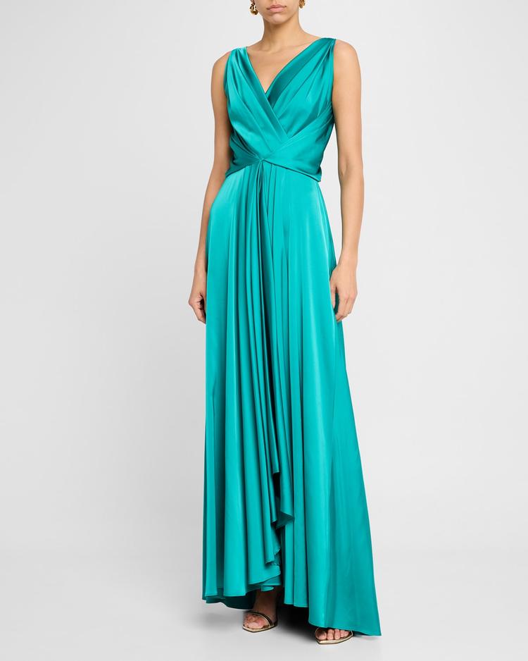 sleeveless draped voile satin gown