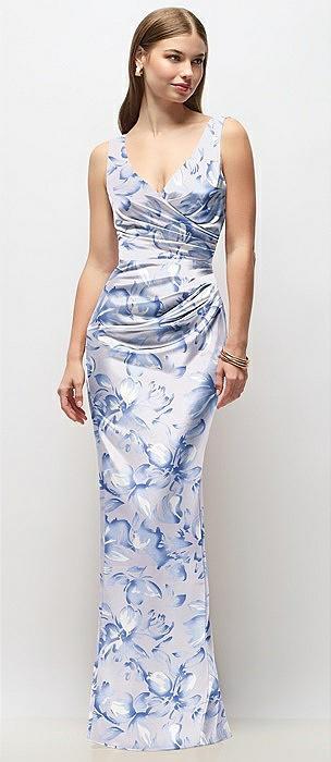 sleeveless draped wrap bodice floral stretch satin column maxi dress