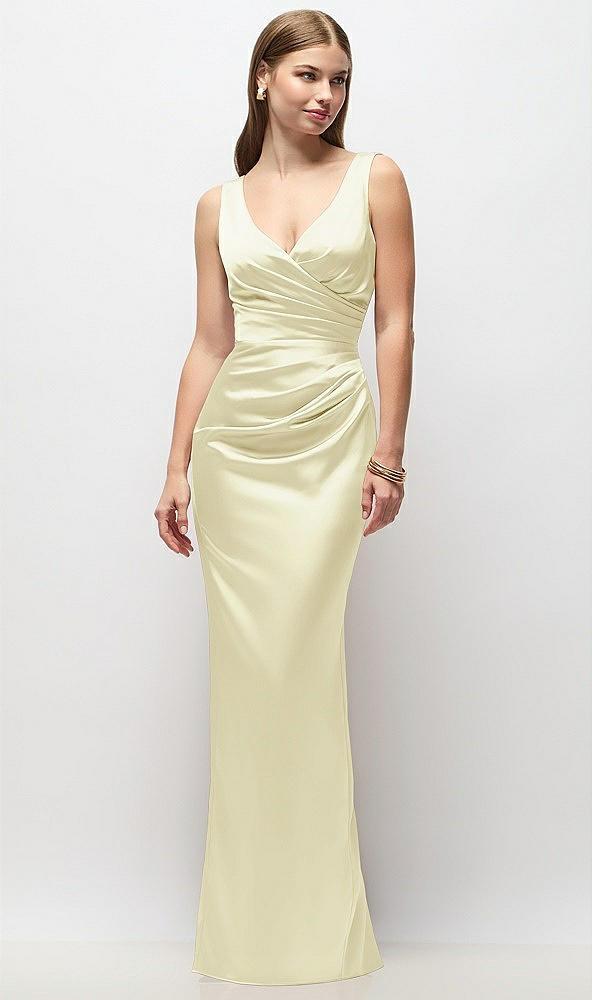 sleeveless draped wrap bodice stretch satin column maxi dress