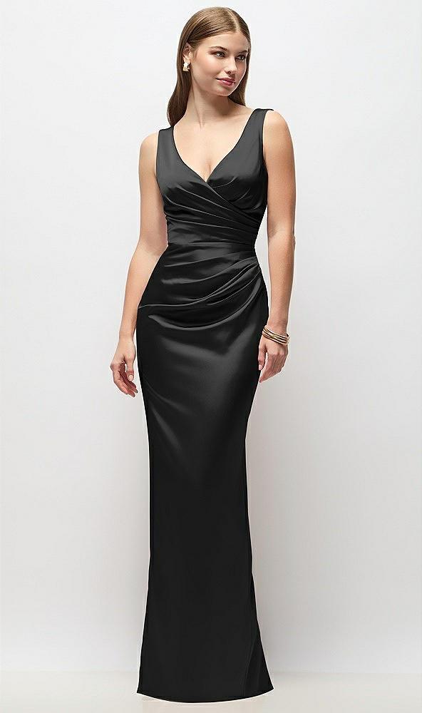sleeveless draped wrap bodice stretch satin column maxi dress