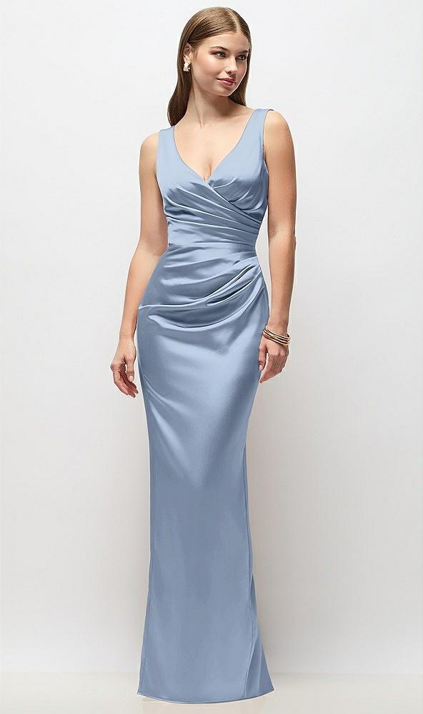 sleeveless draped wrap bodice stretch satin column maxi dress