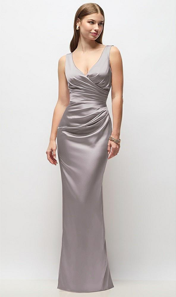 sleeveless draped wrap bodice stretch satin column maxi dress
