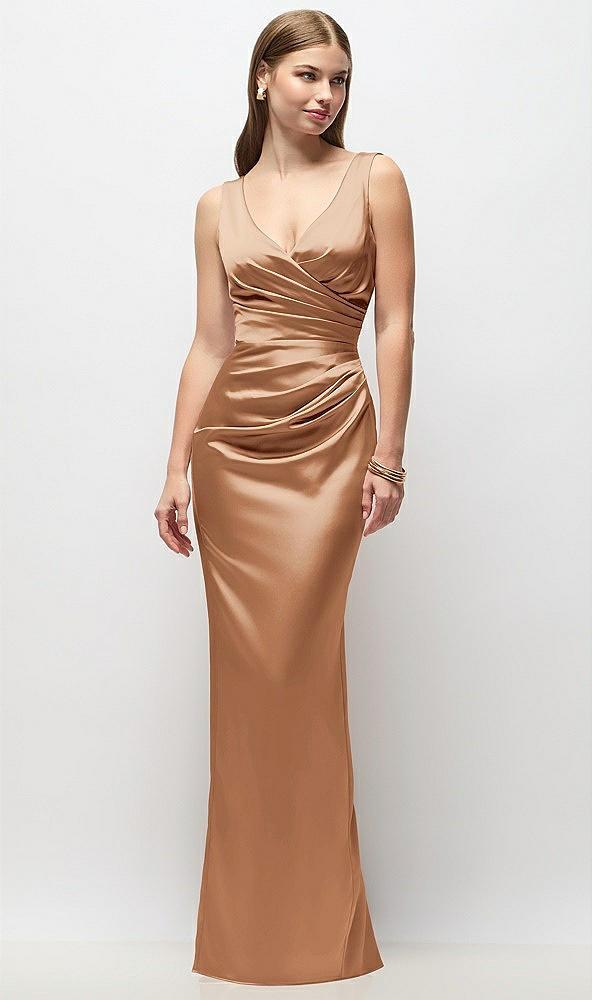 sleeveless draped wrap bodice stretch satin column maxi dress