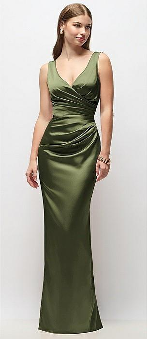 sleeveless draped wrap bodice stretch satin column maxi dress
