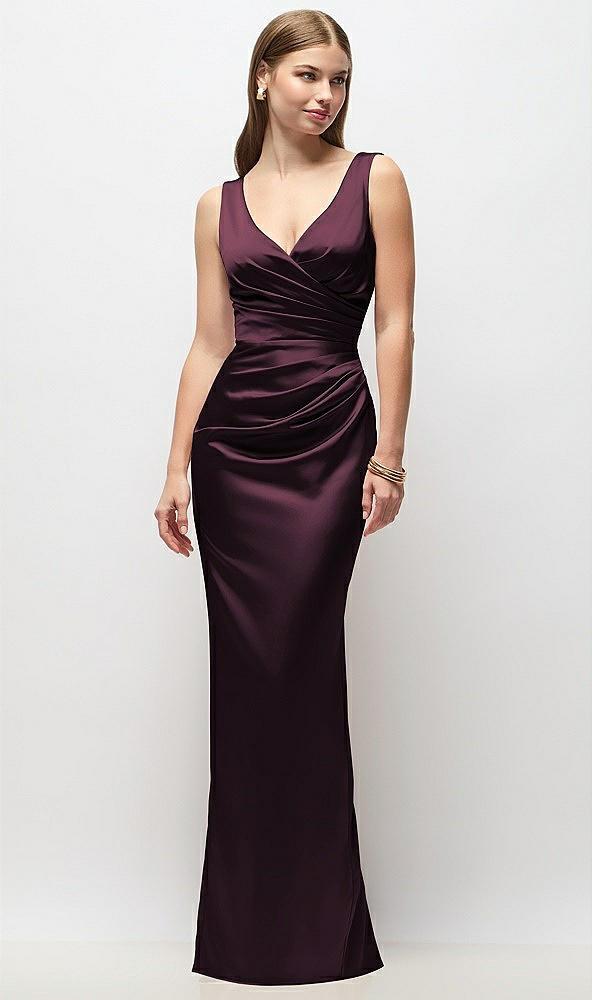 sleeveless draped wrap bodice stretch satin column maxi dress