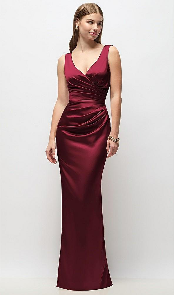 sleeveless draped wrap bodice stretch satin column maxi dress