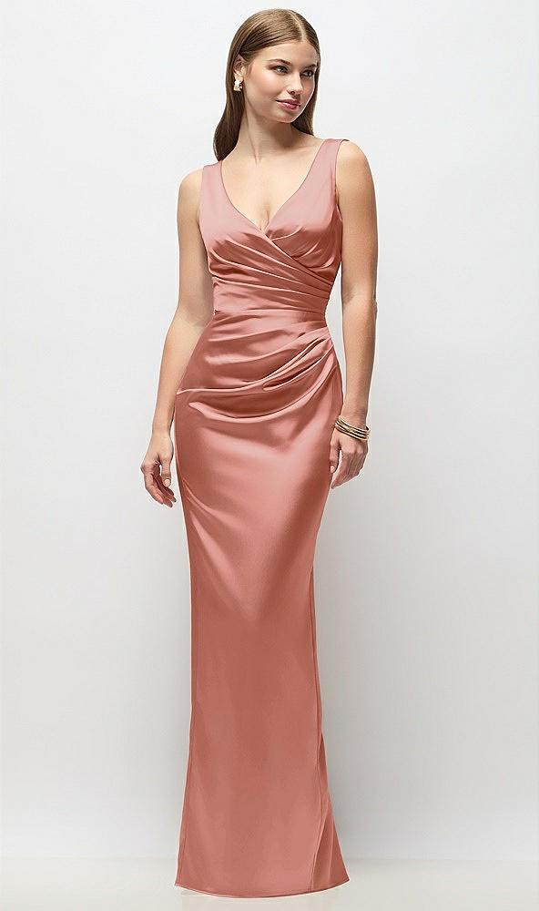 sleeveless draped wrap bodice stretch satin column maxi dress