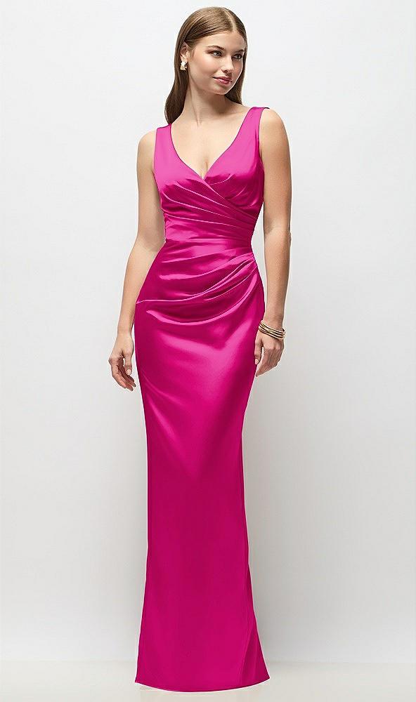 sleeveless draped wrap bodice stretch satin column maxi dress