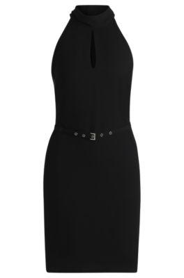 sleeveless dress with stand collar and cut-out detail- black women's day dresses