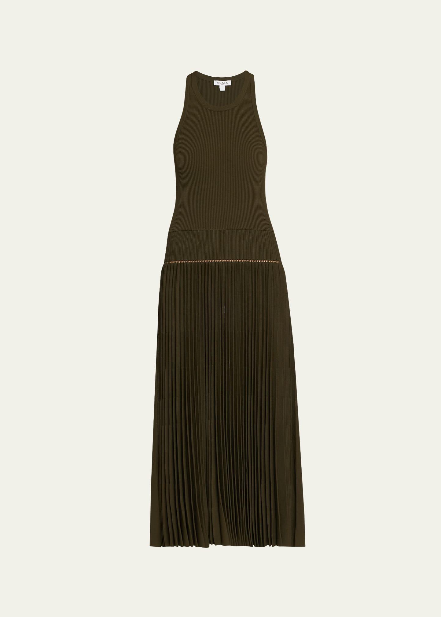sleeveless drop-waist pleated midi dress